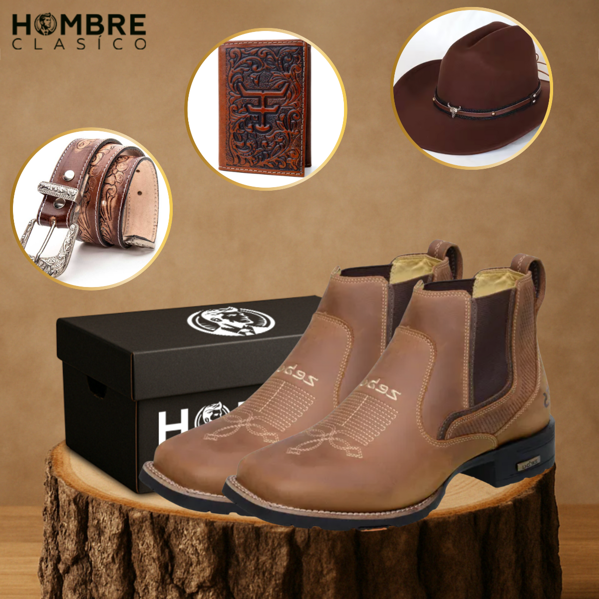 Kit Bota El Patrón en Cuero Legítimo +REGALOS: Sombrero de Cuero, Cinturón y Billetera