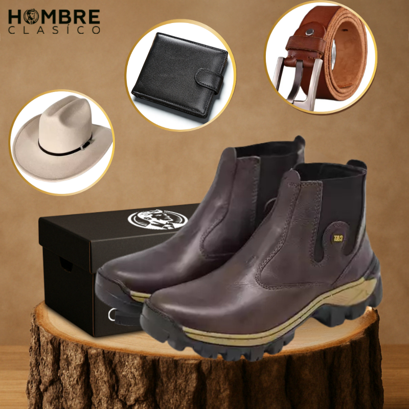 Kit Bota de Hombre Adventure en Cuero Legítimo con Plantilla Ortopédica +REGALOS: Sombrero, Cinturón y Billetera