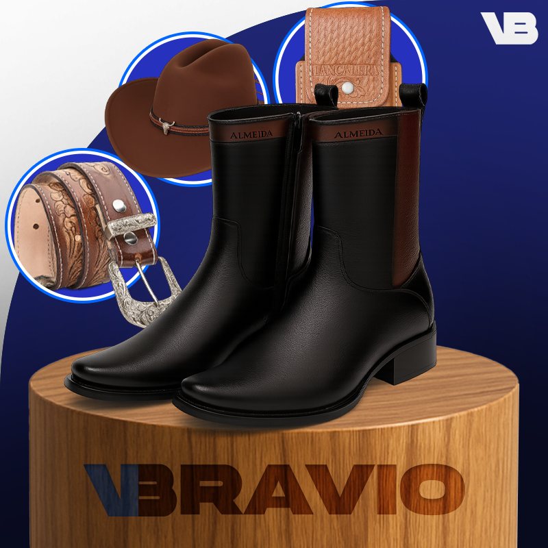 Kit Bota de Hombre Mustang en Cuero Legítimo con Plantilla Ortopédica +REGALOS: Gorra, Cinturón y Funda