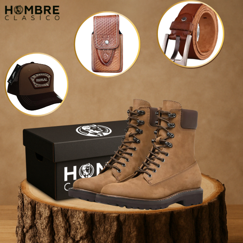 Kit Bota Masculina Fuerza en Cuero Legítimo y Suela Antideslizante +REGALO: Gorra, Funda y Cinturón