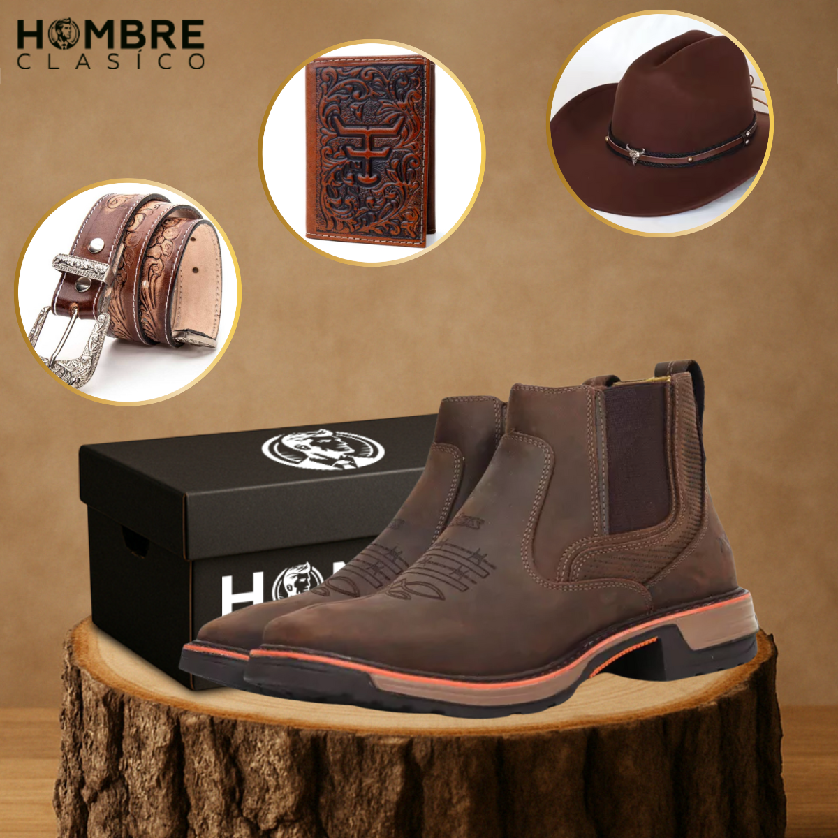 Kit Bota El Patrón en Cuero Legítimo +REGALOS: Sombrero de Cuero, Cinturón y Billetera