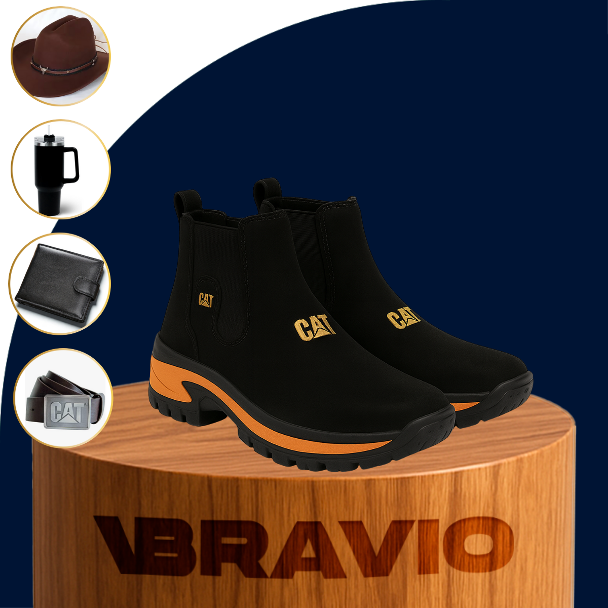 Kit Bota de Hombre Adventure en Cuero Legítimo con Plantilla Ortopédica +4 REGALOS: Sombrero, Cinturón, Billetera y Vaso Térmico