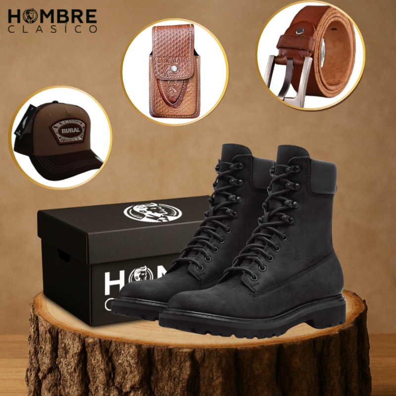 Kit Bota Masculina Fuerza en Cuero Legítimo y Suela Antideslizante +REGALO: Gorra, Funda y Cinturón