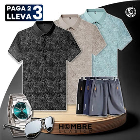 [Pague 2, Lleve 3] Kit de Camisas Polo Vex Texturizada de Seda Hielo + REGALOS: 3 Pantalones Cortos, Reloj y Gafas