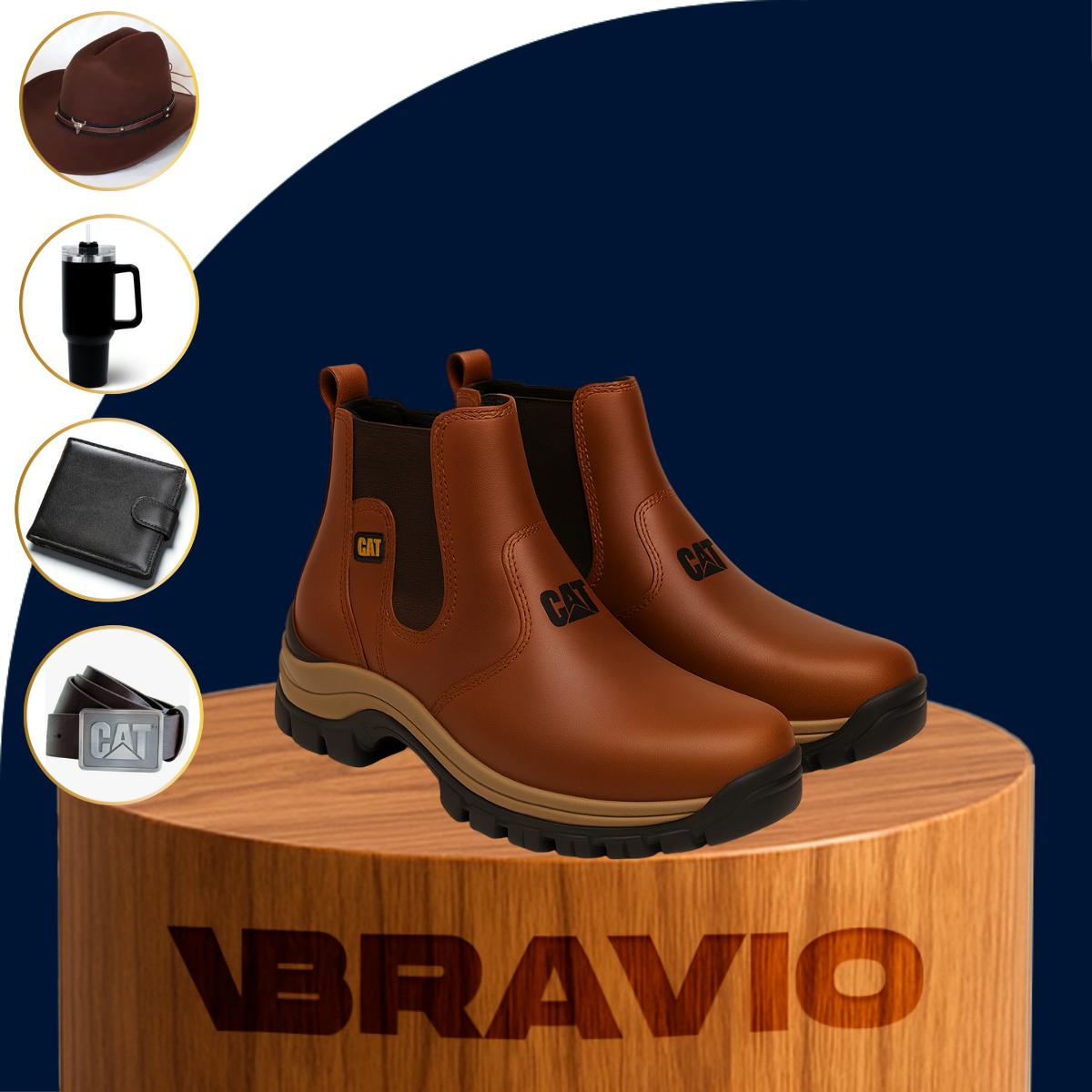 Kit Bota de Hombre Adventure en Cuero Legítimo con Plantilla Ortopédica +4 REGALOS: Sombrero, Cinturón, Billetera y Vaso Térmico