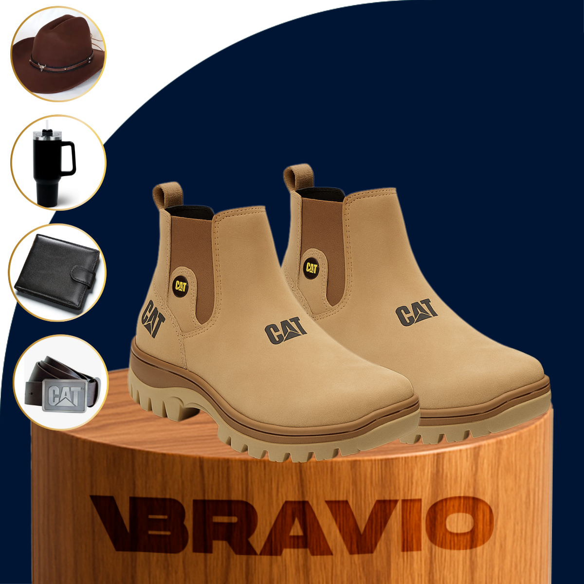 Kit Bota de Hombre Adventure en Cuero Legítimo con Plantilla Ortopédica +4 REGALOS: Sombrero, Cinturón, Billetera y Vaso Térmico