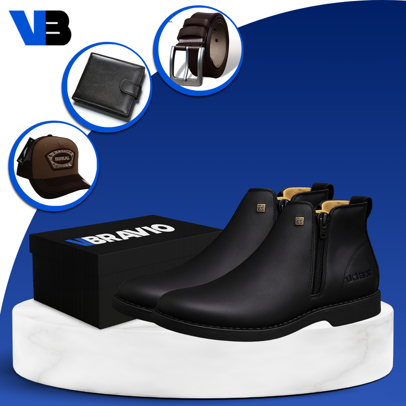Kit Bota Zavu Casual Ortopédica de Hombre en Cuero Legítimo +3 REGALOS: Cinturón, Gorra y Billetera