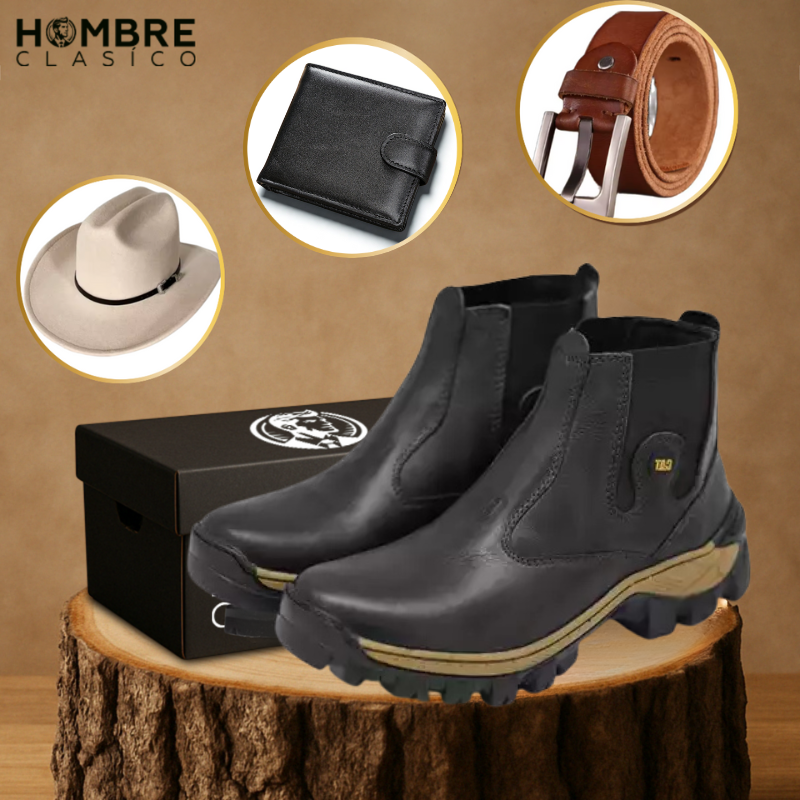 Kit Bota de Hombre Adventure en Cuero Legítimo con Plantilla Ortopédica +REGALOS: Sombrero, Cinturón y Billetera