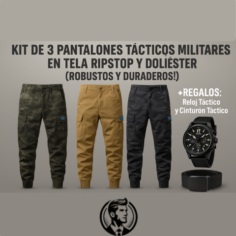 Kit de 3 Pantalones Tácticos Militares en Tela RipStop y Poliéster (¡Robustos y Duraderos!) +REGALOS: Reloj Táctico y Cinturón Táctico