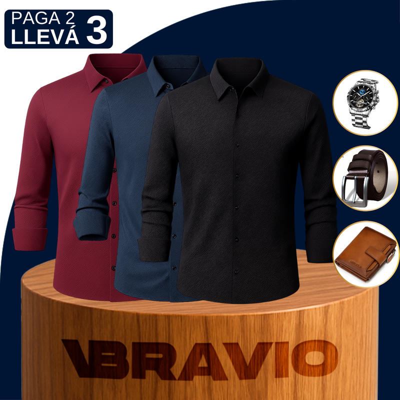 [Llevá 3 Pagá 2] Camisa Social en Seda Hielo y Poliéster Premium + REGALOS: Cinturón, Reloj y Billetera