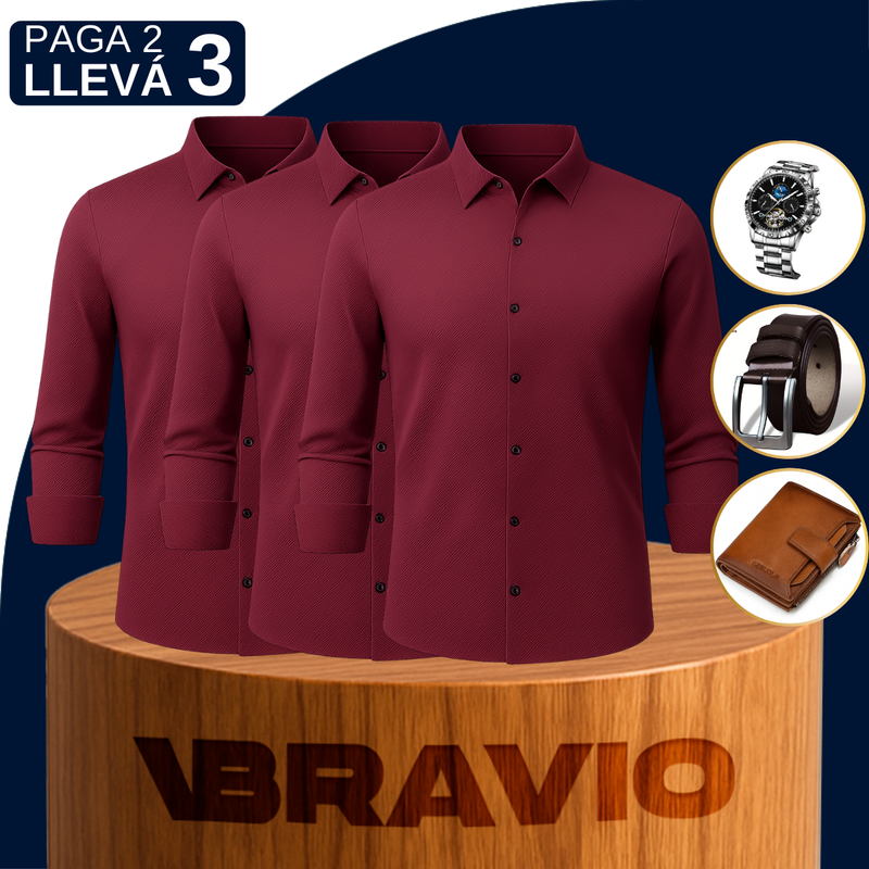 [Llevá 3 Pagá 2] Camisa Social en Seda Hielo y Poliéster Premium + REGALOS: Cinturón, Reloj y Billetera