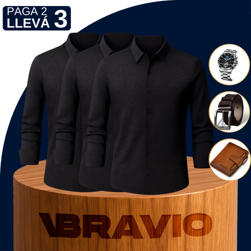 [Llevá 3 Pagá 2] Camisa Social en Seda Hielo y Poliéster Premium + REGALOS: Cinturón, Reloj y Billetera